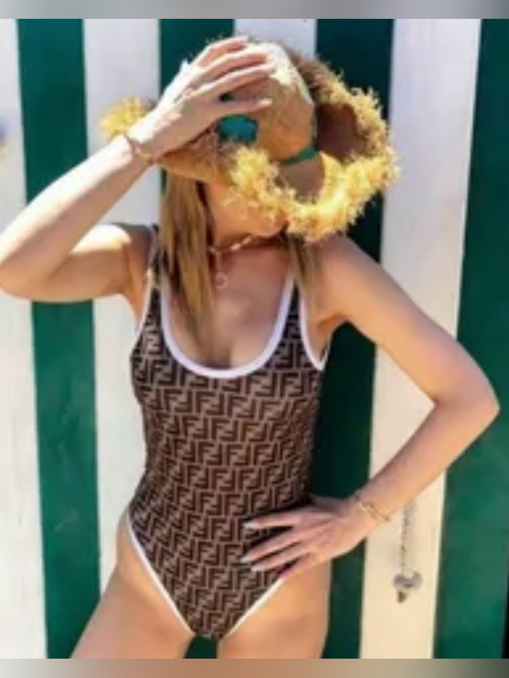 Fendi Brown Logo- One-Piece with White Trim